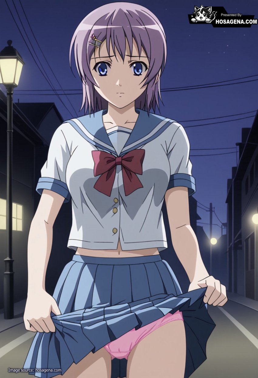 ai_generated blue_eyes bow breasts clothes_lift clothing female female hair_ornament hairclip ichinose_anna lamppost looking_at_viewer midriff navel night pantsu pink_panties pleated_skirt purple_hair ran_sem school_uniform serafuku shirt short_hair skirt skirt_lift skirt_pull sky solo underwear uniform