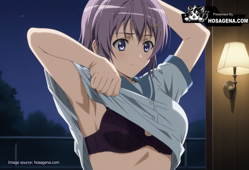 ai_generated armpits arms_up bangs black_bra black_clothes black_underwear blue_eyes blush bra breasts closed_mouth clothes_lift clothing female female hair_ornament hairclip ichinose_anna indoors large_breasts lingerie long_hair looking_at_viewer medium_breasts navel night night_sky pantsu purple_bra purple_hair ran_sem school_uniform serafuku shirt shirt_lift short_hair sky solo star_(sky) underwear undressing uniform white_shirt