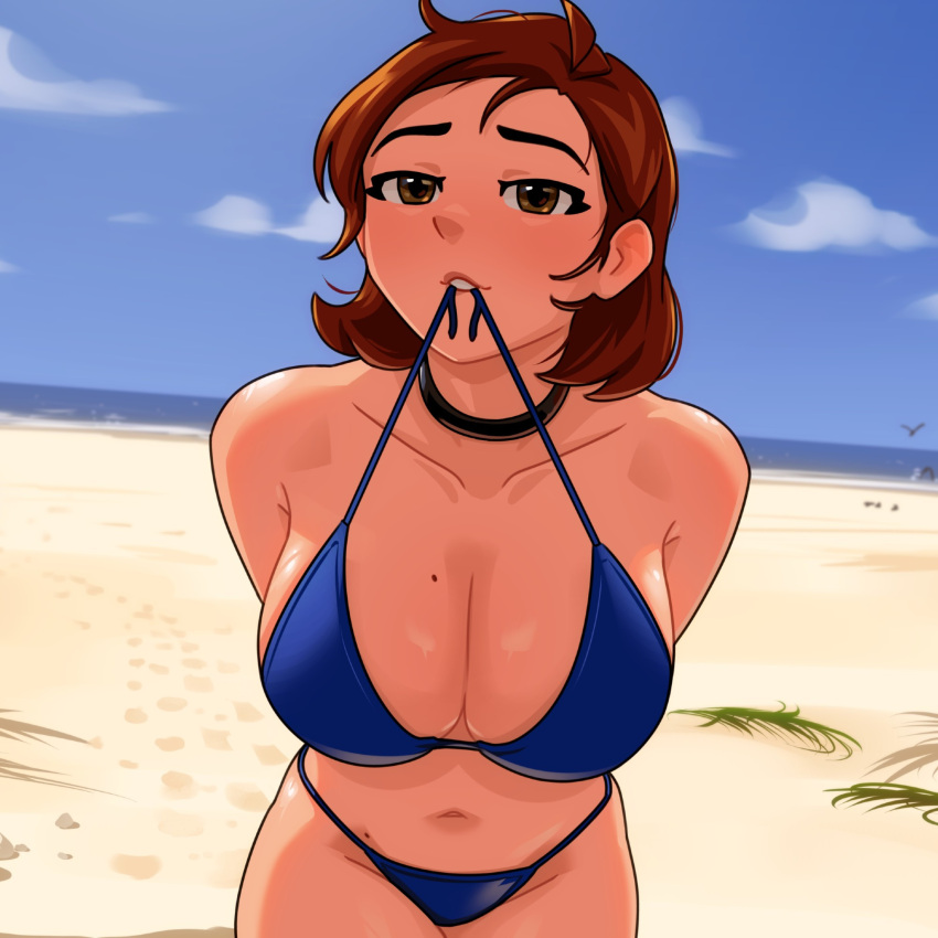 1girls alternate_comp arhentol beach big_breasts bikini biting_bikini_strings blue_bikini breasts brown_eyes brown_hair female original original_character raelyn_(arhentol) undressing undressing_self