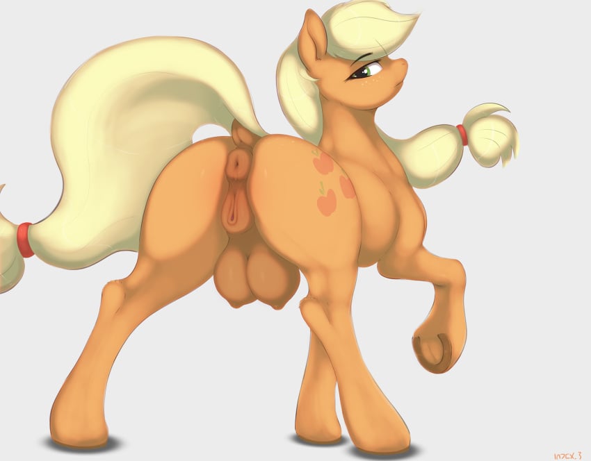 above_average_crotchboobs animal_genitalia anus applejack_(mlp) ass big_breasts blonde_hair breasts crotchboobs crotchboobs_visible_through_thighs cutie_mark digital_media_(artwork) earth_pony equid equine equine_anus female female/female feral friendship_is_magic genitals green_eyes hair hasbro hi_res horse index_3 looking_at_viewer mammal my_little_pony mythological_creature mythological_equine mythology nipples non-human_areolae nude pony puffy_anus pussy simple_background solo tail