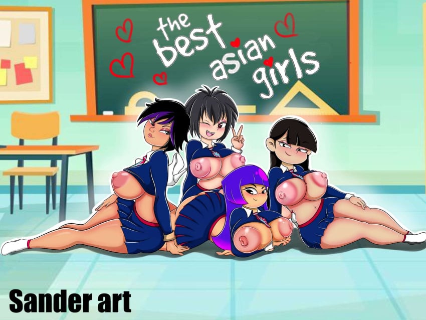 4girls asian asian_female big_breasts big_hero_6 cartoon_network codename:_kids_next_door disney glitch_techs gogo_tomago kuki_sanban marvel miko_kubota nickelodeon number_3 peni_parker sander_art school_uniform schoolgirl spider-man:_into_the_spider-verse