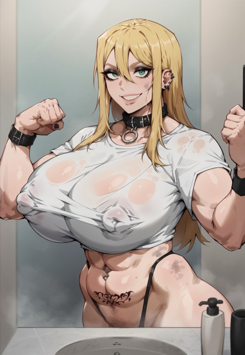 1girls ai_generated bathroom blonde_hair dirty dirty_clothing flexing goth huge_ass huge_breasts kunaboto_(style) muscular nipple_bulge nipples_visible_through_clothing pubic_tattoo sweating thick_thighs tshirt