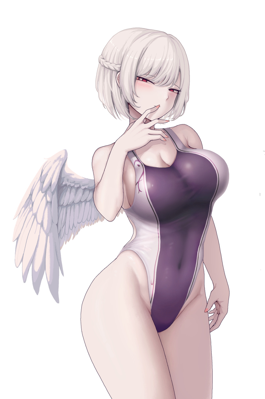 1girls absurd_res big_breasts breasts cleavage covered_navel highres large_breasts medium_hair one-piece_swimsuit red_eyes sagume_kishin simple_background single_wing son_(artist) swimsuit touhou white_background white_hair white_wings wings