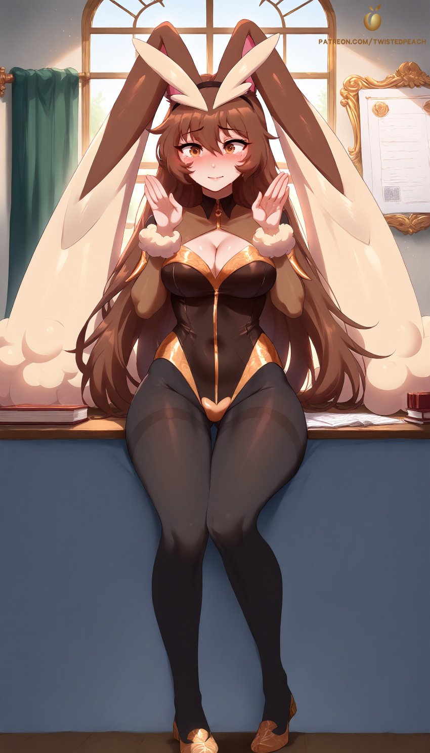 ai_generated bunny_ears bunny_girl bunnysuit cleavage cosplay costume embarrassed faunus female large_breasts lopunny_(cosplay) mimilop_(cosplay) patreon pokemon pokemon_(species) pose rabbit_ears rabbit_girl rwby shy stockings tagme tears twistedpeach velvet_scarlatina