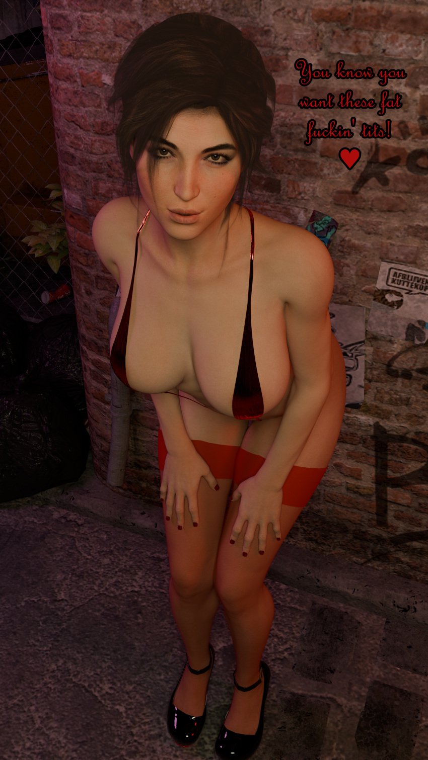 3d absurd_res absurdres alley alleyway almost_naked alternate_breast_size barely_clothed big_breasts blender blender_(software) brown_eyes brown_hair caption dialogue dustedfountain english_text female female_focus female_only highres hooker lara_croft leaning_forward looking_at_viewer outdoors presenting propositioning prostitution public red_nails sling_bikini slingshot_swimsuit standing stockings thighhighs tomb_raider