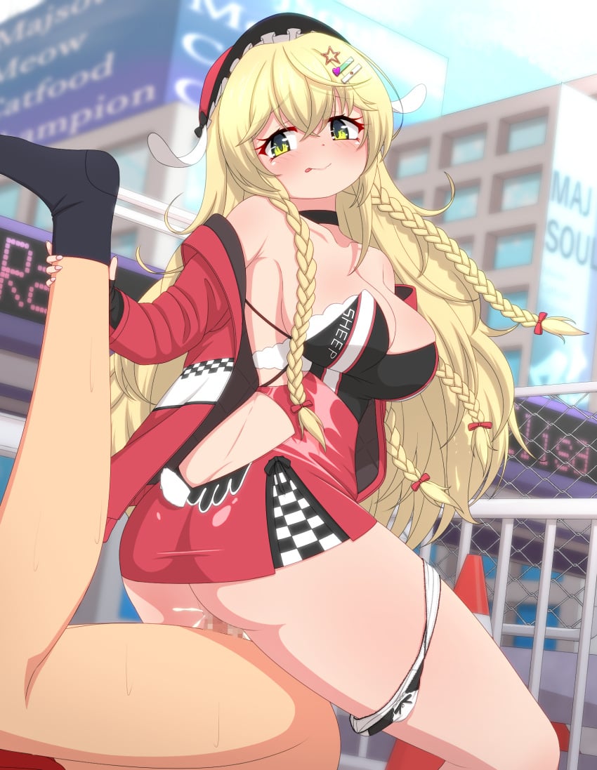 1boy :p amazon_position ass back_cutout black_bra black_choker black_gloves black_socks blonde_hair blue_sky blurry blurry_background blush bow bra braid breasts building censored chain-link_fence checkered_clothes checkered_skirt choker city cleavage closed_mouth clothed_female_nude_male clothing_cutout cum cum_in_pussy cum_overflow day ejaculation eliisa_(mahjong_soul) female femdom fence fingerless_gloves fujigaya_arctia gloves green_eyes hair_ornament hairbow hat highres jacket large_breasts large_variant_set long_hair long_sleeves looking_at_another looking_back mahjong_soul mosaic_censoring multiple_braids nude open_clothes open_jacket outdoors panties panties_around_one_leg penis public_indecency pussy race_queen red_bow red_hat red_jacket red_skirt sex skirt sky smile socks solo_focus star_(symbol) star_hair_ornament straight tenbou textless_version tongue tongue_out underwear variant_set very_long_hair white_panties