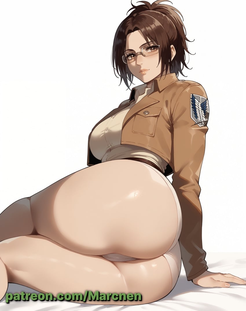 ai_generated attack_on_titan big_ass brown_eyes brown_hair female female_only glasses hanji_zoe marcnen patreon patreon_username presenting_ass presenting_hindquarters scout_uniform shingeki_no_kyojin sitting white_background