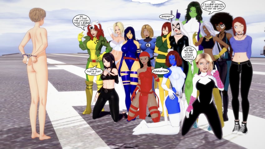 betsy_braddock black_cat_(marvel) blue-skinned_female dark-skinned_female deadpool_2 domino_(zazie_beetz) elektra_natchios emma_frost felicia_hardy green-skinned_female gwen_stacy gwen_stacy_(spider-verse) helicarrier invisible_woman jean_grey jennifer_walters laura_kinney light-skinned_female light-skinned_male marvel marvel_comics marvel_girl mary_jane_watson misunderstoodsecrets mystique ororo_munroe phoenix_(x-men) psylocke rogue_(x-men) she-hulk small_penis_humiliation sph spider-gwen storm_(x-men) sue_storm x-23