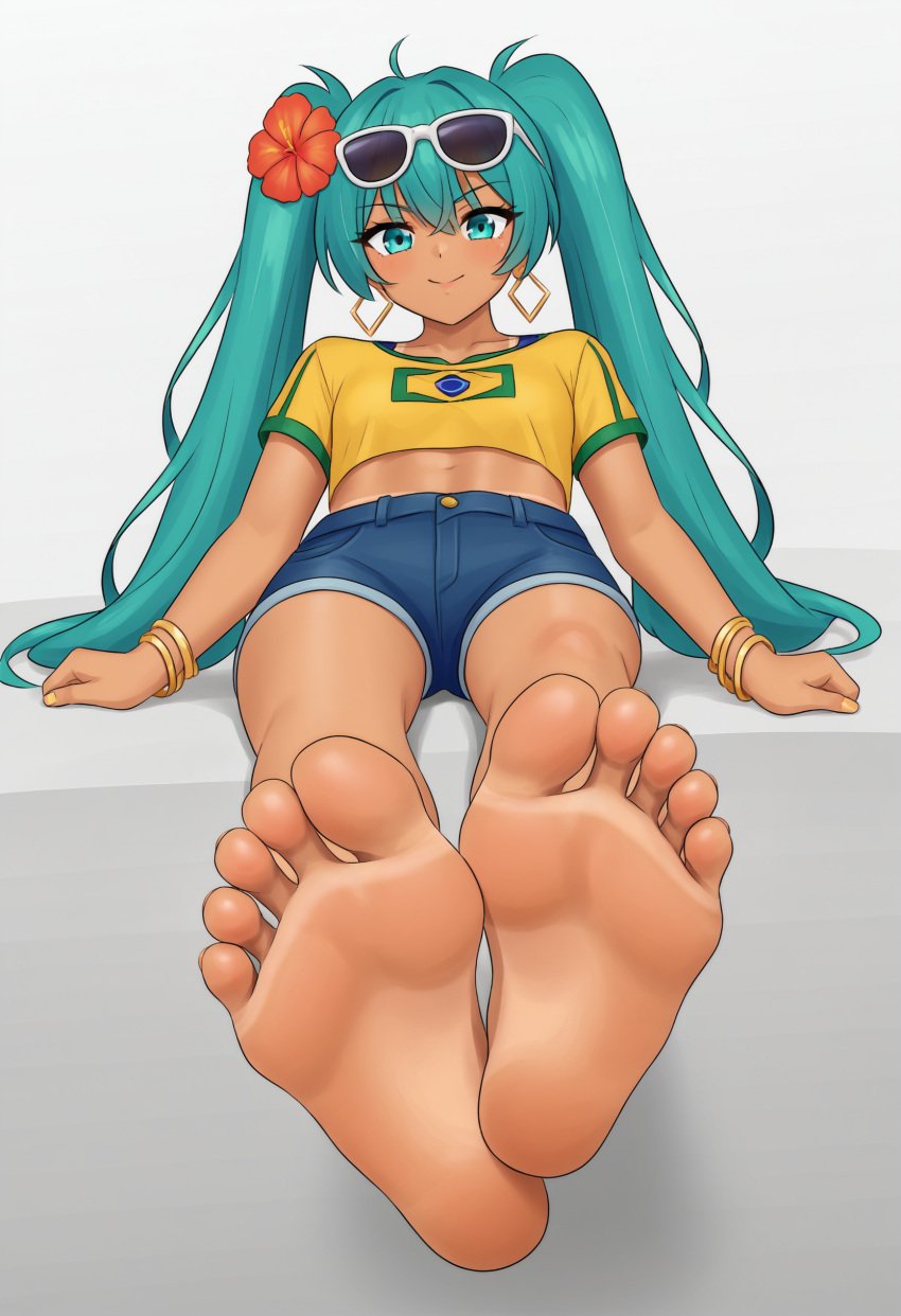 2d ai_generated barefoot brazil brazilian brazilian_female brazilian_flag brazilian_miku colored_nails earrings feet feet_fetish feet_focus flower_in_hair foot_focus hatsune_miku nails shiroppo shirt shorts sunglasses sunglasses_on_head tan tan_body tan_skin twintails twintails_(hairstyle) vocaloid white_background