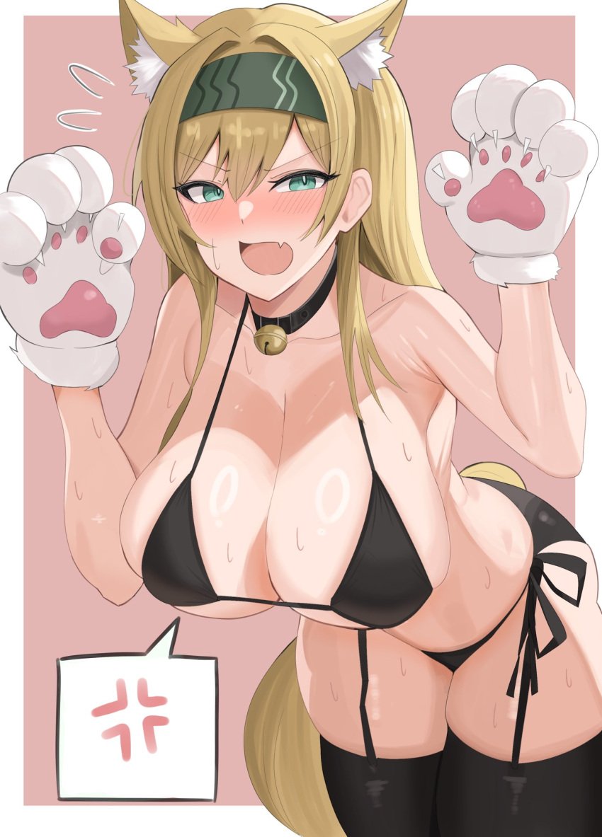 2024 anger_vein animal_ear_fluff animal_ears animal_hands arched_back arknights bare_shoulders bell big_breasts bikini black_bikini black_hairband black_thighhighs blonde_hair blush breasts female gloves green_eyes hairband hi_res horn_(arknights) large_breasts long_hair neck_bell oerba_yun_fang open_mouth paw_gloves pink_background skin_fang solo spoken_anger_vein stomach sweat swimsuit tail tenten_(1010haka) thighhighs thighs wolf_ears wolf_girl wolf_tail