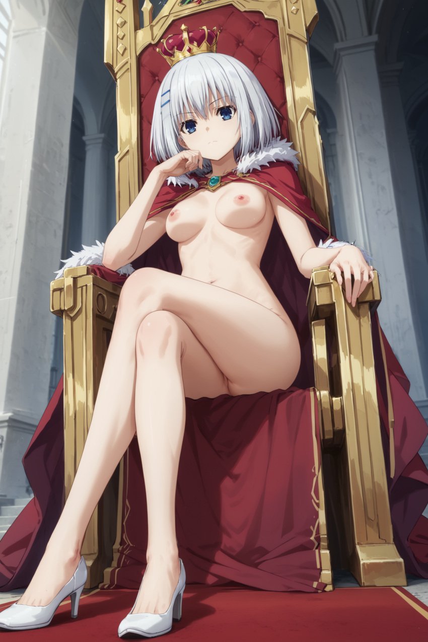 absurd_res ai_generated blue_eyes breasts cape completely_naked completely_nude completely_nude_female crossed_legs crown date_a_live emotionless exhibitionism expressionless hair_clips hand_on_cheek hand_on_own_cheek hand_on_own_face high_heels highres kuudere midriff naked naked_cape navel nipples nude public_indecency public_nudity pussy queen red_cape short_hair sitting_on_throne stable_diffusion tagme thighs throne tobiichi_origami white_hair white_high_heels