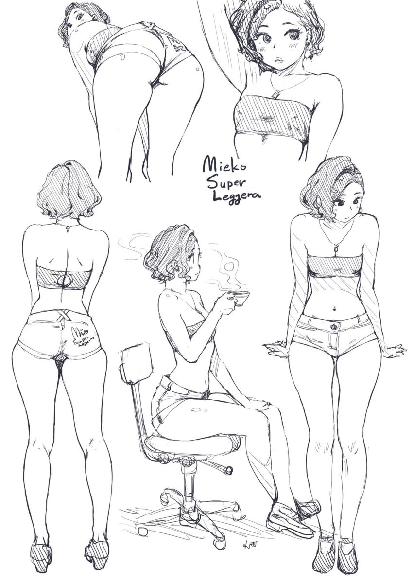 belly_button bending_over bent_over big_ass black_and_white character_request fluffy_hair hard_nipples high_heels jean_shorts leaning_forward long_legs short_hair shorts sketch sketch_page slim_waist small_breasts thick_ass thick_thighs top wide_hips xiao_woo