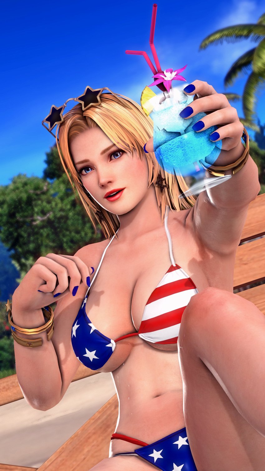 3d american_flag american_flag_bikini bikini blonde_hair blue_eyes busty cybersdoacorner dead_or_alive female female_focus female_only hourglass_figure long_hair makeup tagme tina_armstrong wide_hips