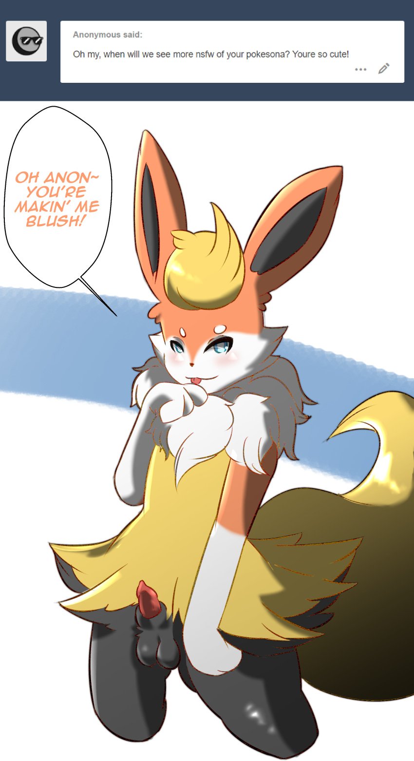 1boy animal_genitalia animal_penis anon anthro ask_blog balls big_tail black_fur blaketheflareon blaketheflareon_(character) blue_background blue_eyes blush braixen canine canine_penis digital_media_(artwork) eeveelution erection femboy flareon fox fur furry girly hybrid long_ears looking_at_viewer male male_only mammal nintendo no_nipples nude orange_fur original_character penis pokémon_(species) pokemon pokemon_(species) pokemon_rgby pokemon_xy semi-anthro sheath smile solo speech_bubble standing talking_to_viewer testicles text tongue tongue_out tumblr video_games white_background white_fur yellow_fur