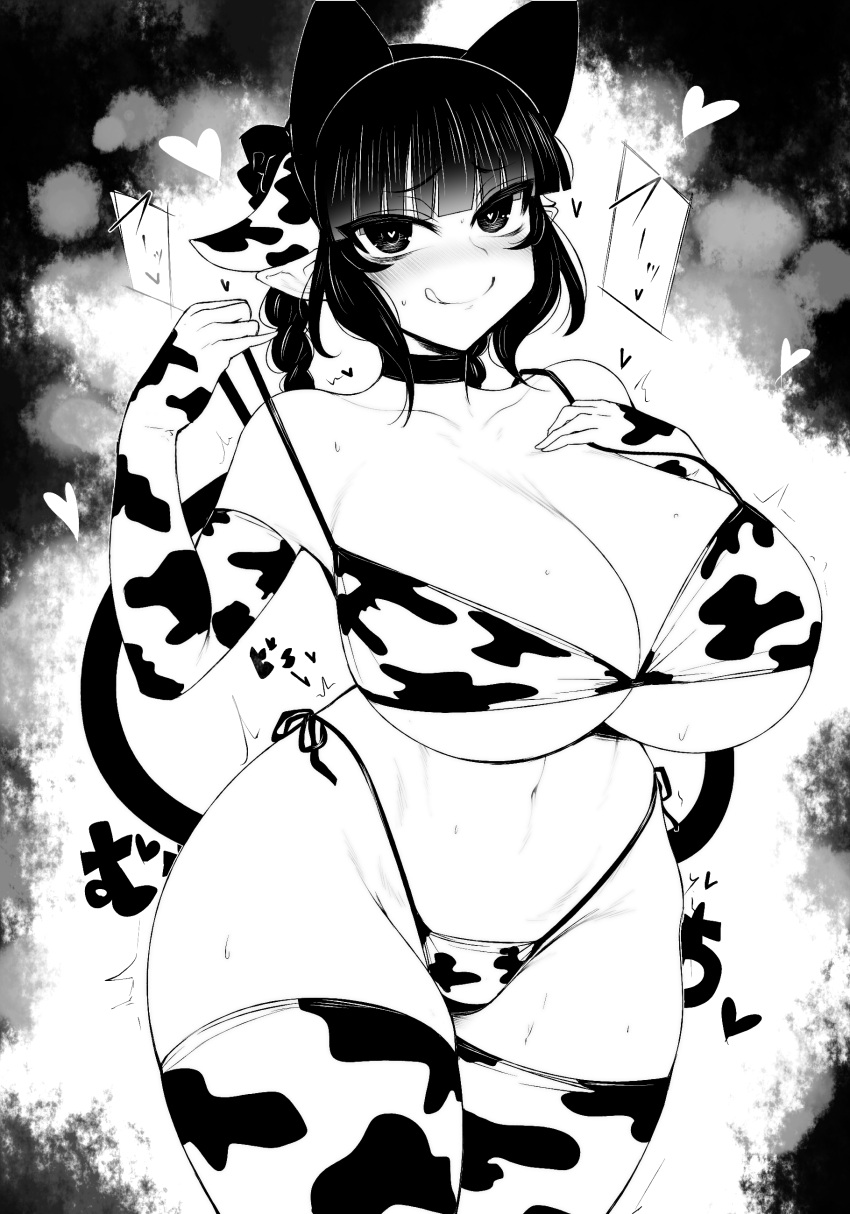 2_tails :q absurdres animal_ears animal_print bangs bikini bikini_pull braid breasts cat_ears cat_tail choker cleavage closed_mouth clothes_pull cow_ears cow_print cowboy_shot elbow_gloves female ginku_mh gloves groin hand_on_own_chest haseru_(ginku_mh) heart heart-shaped_pupils highres huge_breasts looking_at_viewer monochrome multi_ear multi_tail navel nekomata pointy_ears rin_kaenbyou side_braids smile solo standing sweat swimsuit symbol-shaped_pupils tail thighhighs tongue tongue_out touhou twin_braids