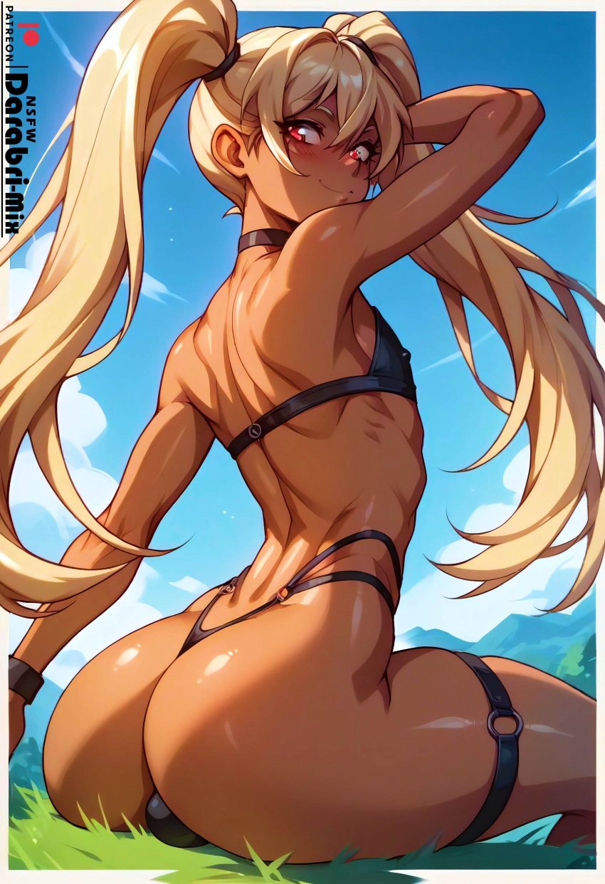 1boy abs absurd_res ai_generated armpits ass bare_shoulders bench bikini brown_skin bulge cute darabri-mix detached_sleeves femboy feminine_male from_behind from_below gay girly hourglass_figure otoko_no_ko outdoors outlines red_eyes sitting thin_waist thong toned trap twink twintails wide_hips wide_thighs yaoi