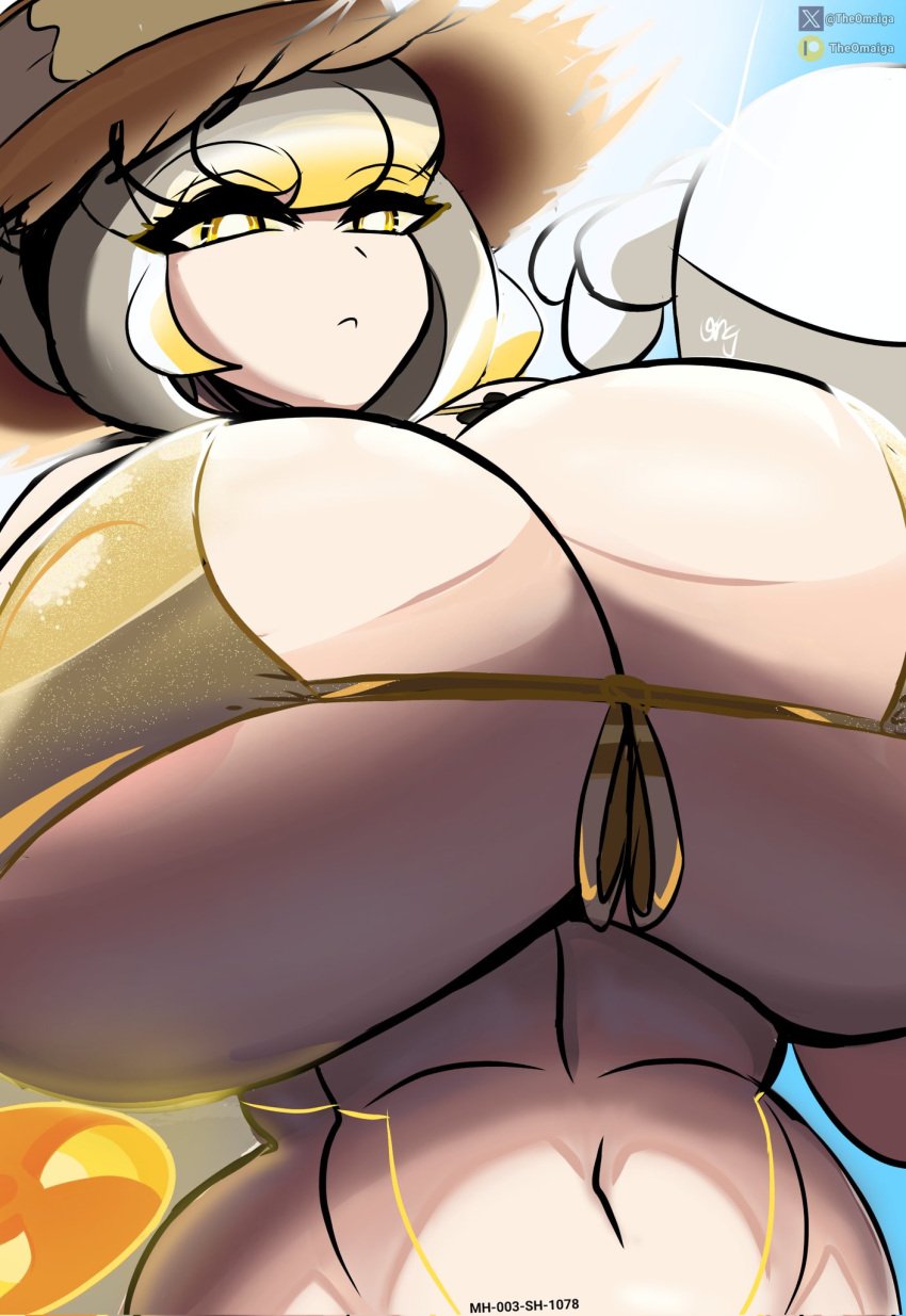 2d android background beach big_breasts big_thighs bikini dominant_female emotionless emotionless_female golden_bikini hat led_light light-skinned_female light_skin looking_at_viewer mayah_(theomaiga) oc original original_character robot_girl robot_humanoid robotic_arm sky theomaiga thick_thighs white_hair yellow_eyes