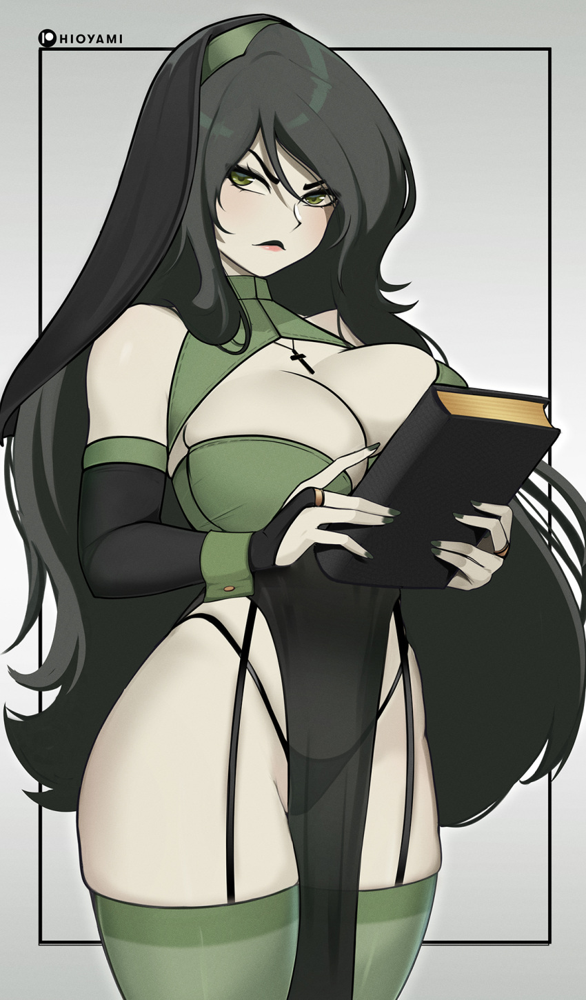 1girls black_hair book breasts female female_only garter_straps green_eyes hi_res highleg hioyami kim_possible large_breasts looking_at_viewer nun nun_outfit pelvic_curtain shego solo thighhighs thighs thong