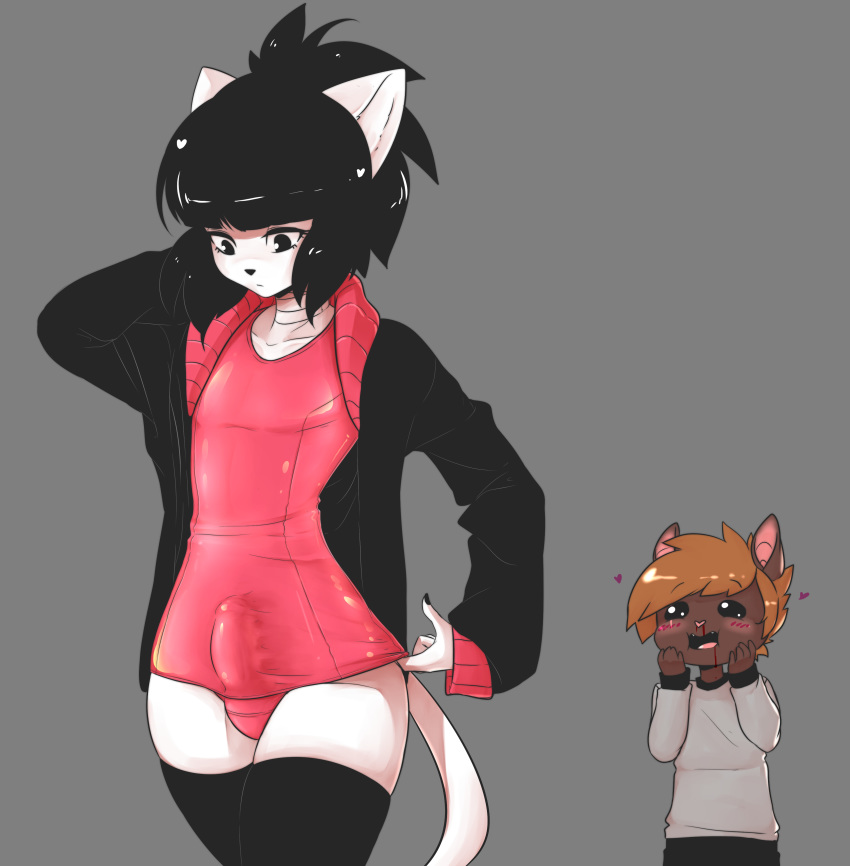 anthro auburn_hair bat black_hair blood blush brown_fur bulge clothed clothing crossdressing drooling duo erection_under_shirt feline fur girly hair heart hi_res male mammal mercy_(suelix) nosebleed one-piece_swimsuit pink_clothes saliva standing suelix swimsuit white_fur wide_hips