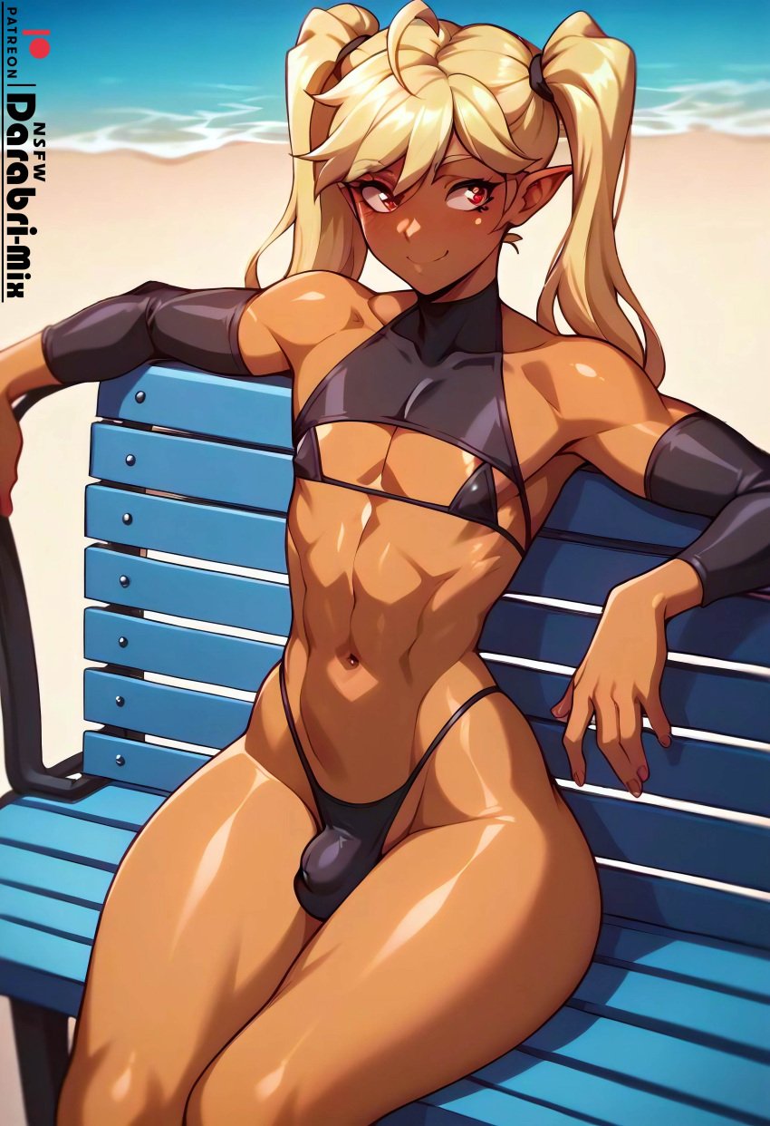 1boy abs absurd_res ai_generated armpits bare_shoulders bench bikini blonde_hair brown_skin cute darabri-mix detached_sleeves femboy feminine_male gay girly hourglass_figure otoko_no_ko outdoors outlines red_eyes sitting thin_waist thong toned trap twink twintails wide_hips wide_thighs yaoi