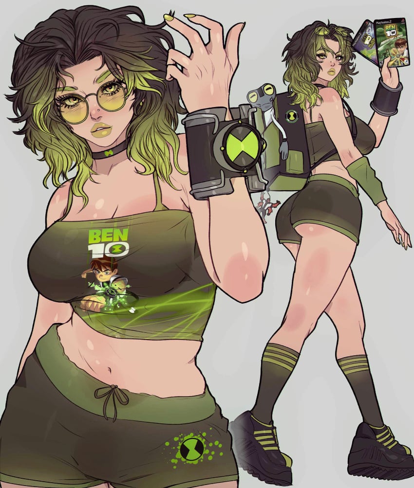 1girl 1girls backpack ben_10 choker clothed clothed_female crop_top female_only girl_who_is_obsessed_with glasses green_hair green_lipstick grey_matter lipstick nose_piercing omnitrix piercing plushie shorts solo solo_female wrist_watch yoracrab