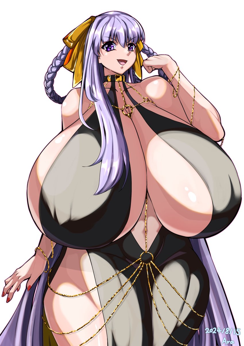 bare_shoulders bb_dubai_(fate) black_dress breasts_bigger_than_head center_opening cleavage clothed clothed_female clothing dress fate/grand_order fate_(series) female female_only gigantic_breasts hair_ribbon hair_ribbons light-skinned_female light_skin light_skinned_female long_hair nail_polish nipple_bulge purple_eyes purple_hair red_nail_polish red_nails sideboob solo solo_female thick_thighs voluptuous voluptuous_female wide_hips yellow_hair_ribbon