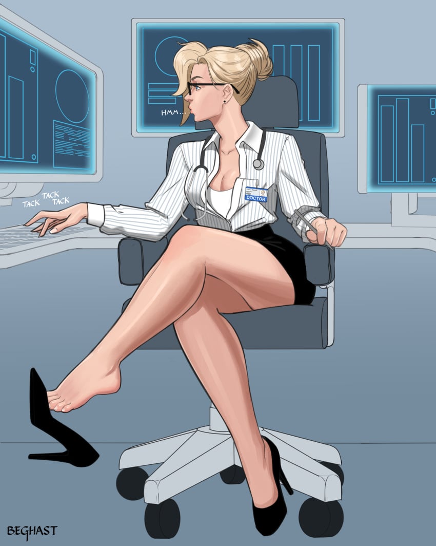 1girls angela_ziegler bare_legs bare_thighs beghast blonde_hair cleavage clothed distracted doctor doctors_office feet female female_only foot_fetish fully_clothed glasses heels high_heels high_resolution highres legs legs_crossed light-skinned_female medical mercy office office_lady overwatch overwatch_2 pinup solo solo_female suggestive thighs toes