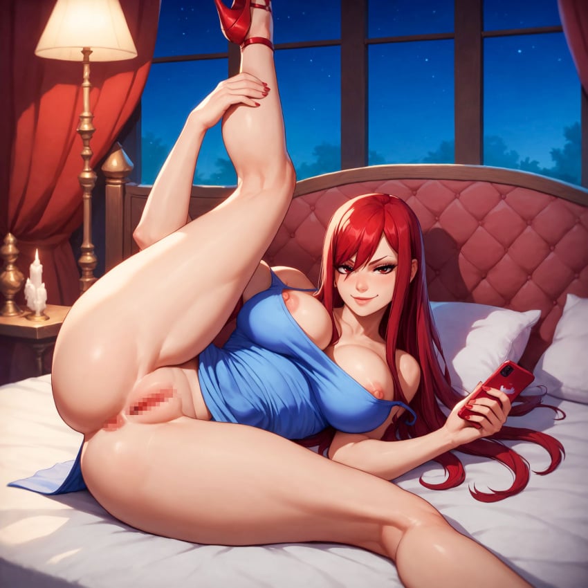 1girls ai_generated alex-schura anus areolae ass bare_shoulders bed blue_dress blush bottomless breasts candle cellphone censored clothing curvaceous curvaceous_female curvaceous_figure curvy curvy_figure dress erza_scarlet fairy_tail female female female_focus female_only footwear high_heels holding holding_phone indoors inviting inviting_to_sex kneepits lamp large_breasts leg_lift leg_up legs long_hair looking_at_viewer lying mosaic_censoring nail_polish night nipples no_bra nopan on_back on_bed on_side phone pillow presenting presenting_anus presenting_ass presenting_hindquarters presenting_pussy red_eyes red_footwear red_hair red_nails seductive seductive_look seductive_smile selfie smile solo spread_legs strap_slip thighs vagina voluptuous voluptuous_female