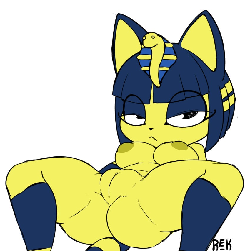 2017 animal_crossing ankha anthro ass big_thighs blue_hair breasts egyptian felid feline felis female frown fur furry furry_only half-closed_eyes hi_res looking_at_viewer makeup mammal naked nintendo nipples nude pose presenting presenting_pussy pussy rektum simple_background slightly_chubby solo spread_legs spreading tail thick_thighs white_background yellow_fur