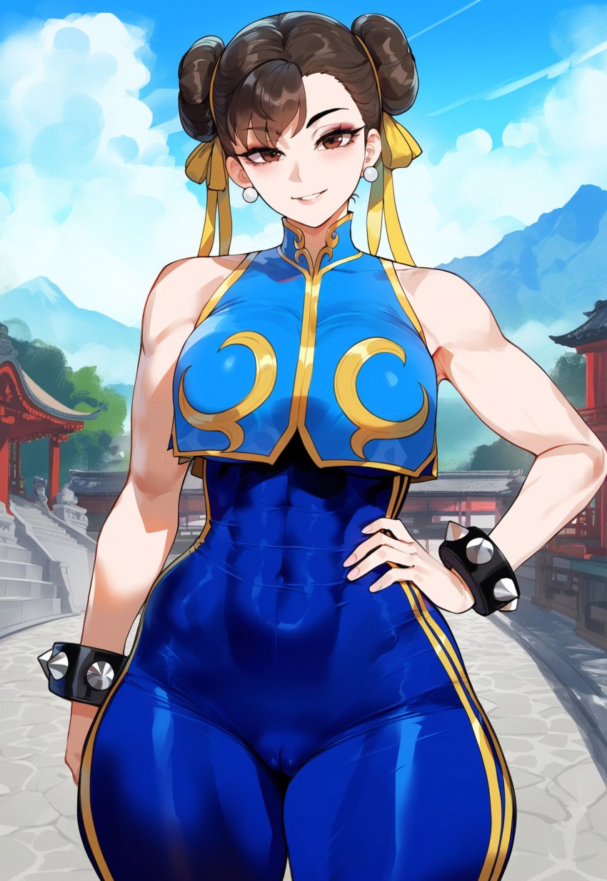 1girls ai_generated blue_bodysuit bodysuit brown_eyes brown_hair cameltoe chun-li creamy_ai curvy double_bun large_breasts narrow_waist skindentation solo street_fighter thiccwithaq_(ai_style) thick_thighs toned unitard wide_hips