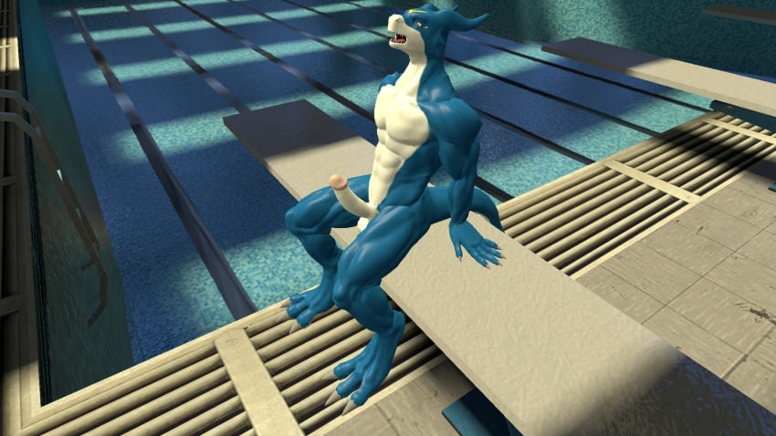 1boy 2017 3d anthro digimon filmmaker flamedramon invalid_tag macropack male male_only maxdigiipower muscles nude penis pool scalie solo source source_filmmaker source_request