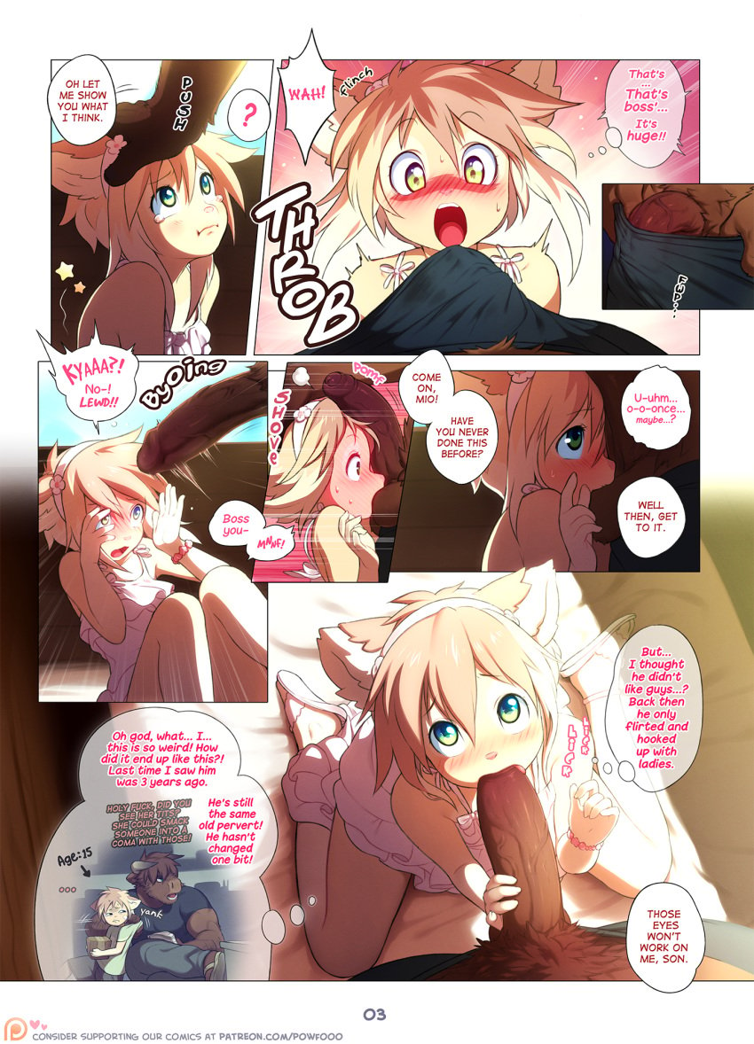 2015 age_difference annoyed anthro ball_suck balls big_dom_small_sub big_penis blush bovine brown_fur brown_hair bulge chinpo clothed clothing comic crossdressing dialogue domination duo english_text erection erection_under_clothes feline fellatio fur girly green_eyes hair hi_res horn hudson_(powfooo) humanoid_penis licking male male_domination mammal mio_(powfooo) oral page_3 page_number partially_clothed partially_retracted_foreskin penis penis_base penis_outline powfooo sex shirt size_difference submissive sucking tears text tongue tongue_out uncut vein white_fur white_hair yaoi