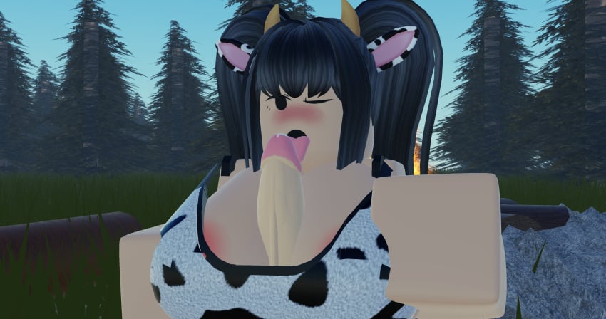 1boy 1girls 3d areolae big_areola big_breasts big_nipples blushing_at_partner cowsuit licking licking_penis neko_(neko_rr34) neko_rr34 outside paizuri paizuri_under_clothes penis penis_between_breasts penis_lick penis_licking precum_on_penis roblox robloxian smirking_at_partner tagme titfuck titjob tongue