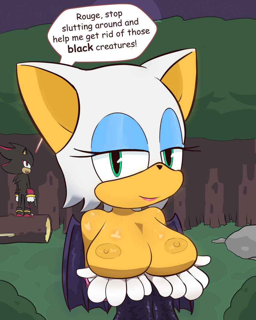 1girls anthro breasts cyan_eyes dark_star_odyssey detailed_background english_text female female_focus forest gun looking_at_viewer nipples presenting presenting_breasts rouge_the_bat shadow_the_hedgehog solo solo_female sonic_(series) text text_bubble