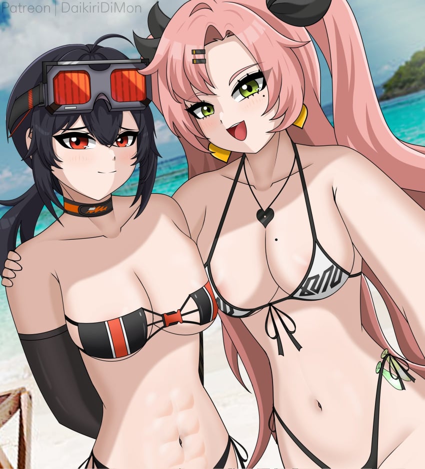 2girls abs accessory beach bikini_top black_hair blush breasts choker daikiri_di_mon grace_howard green_eyes nicole_demara orange_eyes patreon_username pink_hair smiling_at_viewer taking_selfie used_condom zenless_zone_zero