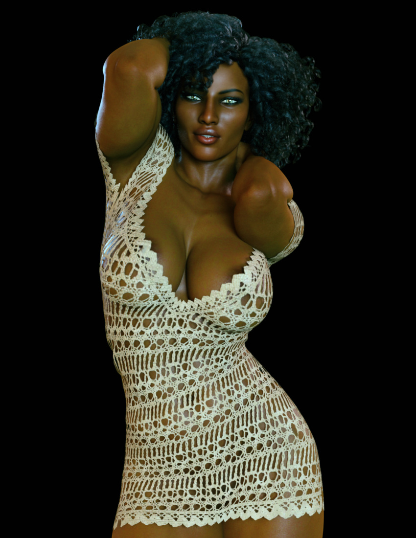 1girls 2019 3d black_background black_hair breasts clothed clothing dark-skinned_female dark_skin female female_only front_view jonasd jonasd-3dart large_breasts looking_at_viewer no_bra no_panties nopan original_character raynha_(jonasd) see-through see-through_clothing solid_color_background solo solo_female standing