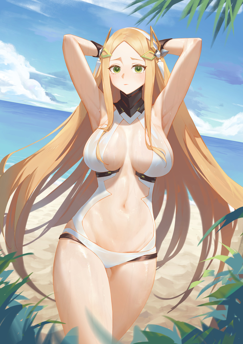 1girls absurd_res absurdres adult adult_female alchemy_stars armpits arms_up bare_armpits bare_arms bare_belly bare_chest bare_legs bare_midriff bare_navel bare_shoulders bare_skin bare_thighs beach belly belly_button bikini blonde_eyebrows blonde_female blonde_hair blonde_hair_female blue_sky breasts cleavage clouds coast collarbone day daylight daytime dot_nose dripping_wet elbows exposed exposed_armpits exposed_arms exposed_belly exposed_breasts exposed_legs exposed_midriff exposed_shoulders exposed_thighs female female_focus female_only green_eyes green_eyes_female groin hair_ornament hair_ornaments hands_on_head hands_on_own_head hands_up high_resolution highres horizon hourglass_figure large_breasts lean_body lean_figure legs light-skined_female light-skinned light-skinned_female light_skin light_skin_female light_skinned light_skinned_female lips long_hair looking_at_viewer mature mature_female navel ocean one-piece_swimsuit outdoor outdoors outside parted_bangs plant pout pouting pouty_lips sand sea seaside serelith sky slender_body slender_waist slim_girl slim_waist soaked solo standing swimsuit swimwear thick_thighs thighs thin_waist upper_body uriah v-line wet wet_belly wet_bikini wet_body wet_breasts wet_legs wet_skin wet_thighs white_bikini white_one-piece_swimsuit white_swimsuit white_swimwear wide_hips