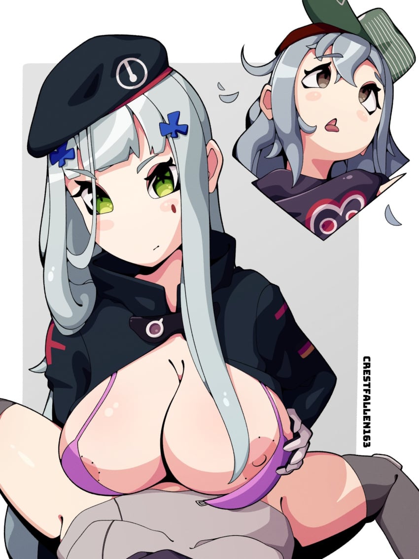 1futa 1girls ahe_gao alternate_version_available bangs beret big_breasts black_legwear bottomless breasts brown_eyes clothed clothing crestfallen163 duo female futa_on_female futanari g11_(girls'_frontline) girls'_frontline green_eyes grey_hair hat hk416_(girls'_frontline) human legwear light-skinned_futanari light_skin long_hair mostly_nude paizuri thigh_gap tongue tongue_out