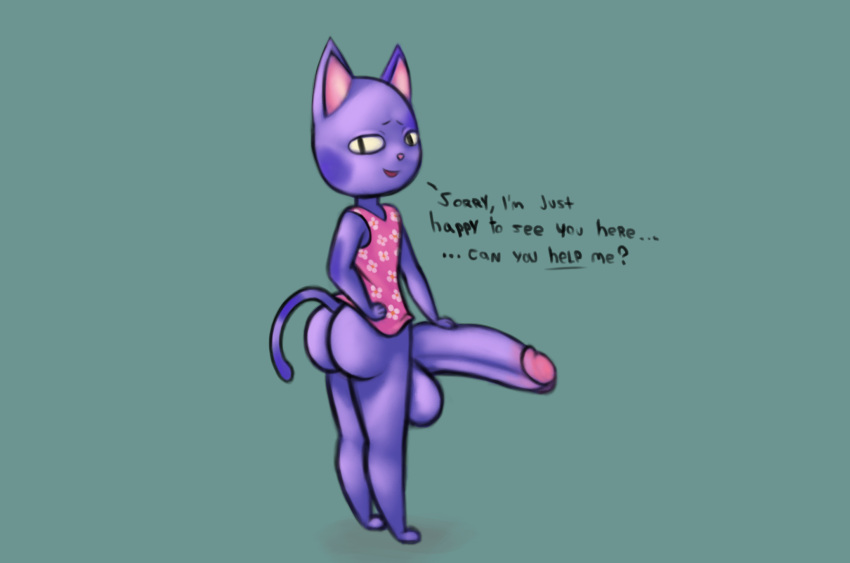 animal_crossing anthro ass balls big_penis bob_(animal_crossing) clothing domestic_cat english_text felid feline felis genitals hi_res jovi_cap male male_only mammal nintendo penis purple_body shirt solo tail text topwear