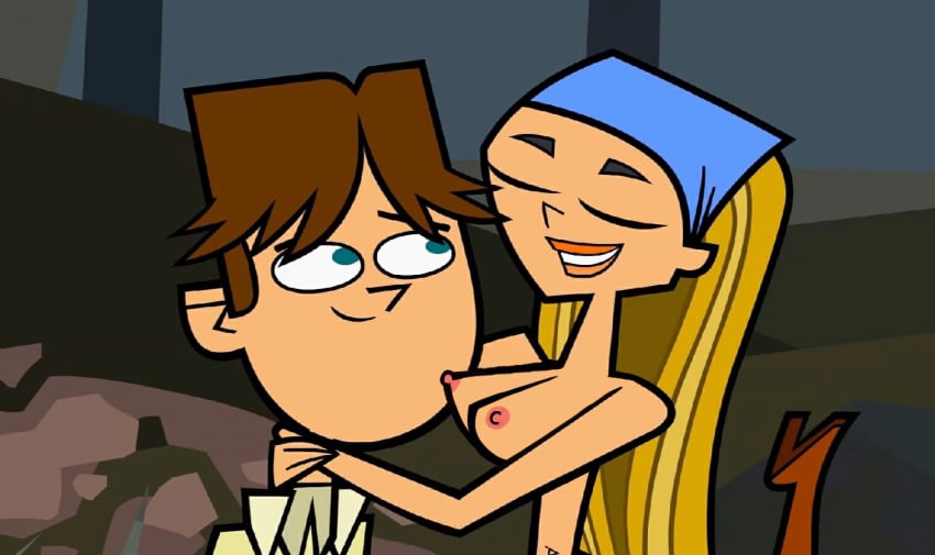 1boy 1girls accidental_exposure accurate_art_style bimbo blonde_hair cody_(tdi) edit hugging lindsay_(tdi) teenager thank_you thanking tits topless total_drama_island