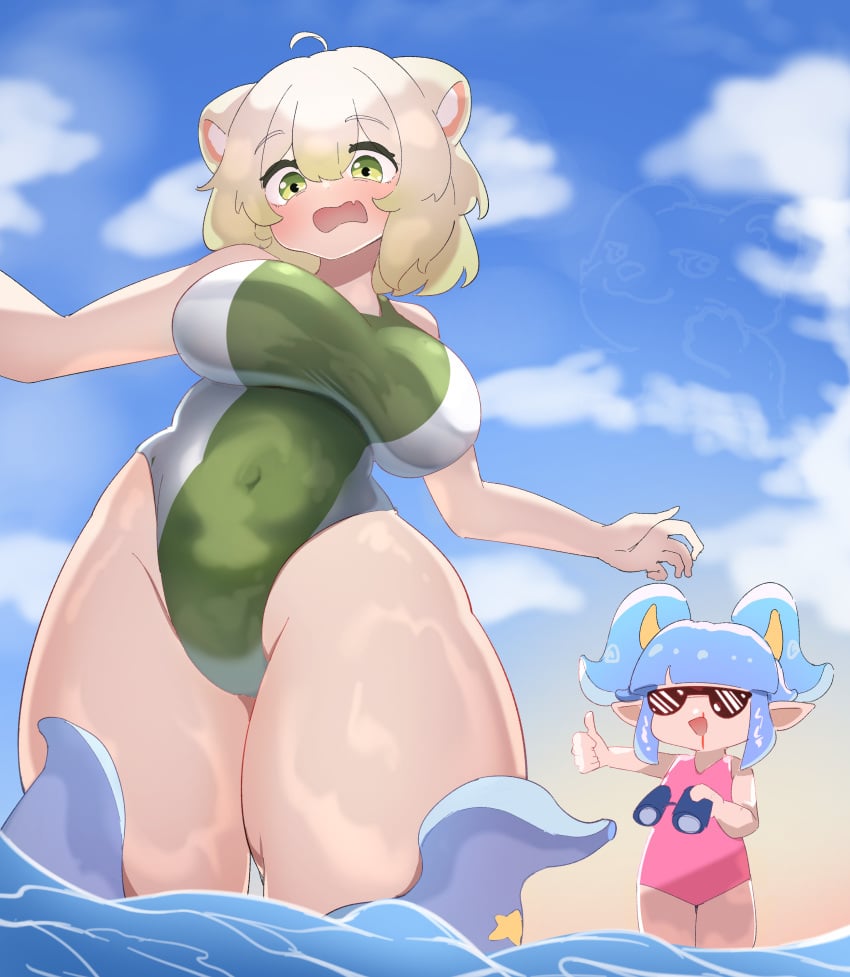 2girls absurd_res ahoge animal_ears arms_up belly_button belly_button_visible_through_clothing big_breasts binoculars blue_hair blush breasts clouds day female female_focus ferret ferret_girl flustered green_eyes green_highlights green_swimsuit hackerling hips horns huge_breasts indie_virtual_youtuber laimu large_breasts lime looking_down multicolored_hair nosebleed octoling octoling_girl octopus one-piece_swimsuit open_mouth outdoors partially_clothed pink_swimsuit pointy_ears sae_art shiny_skin short_hair size_difference skin_fang skin_tight sky suggestive sunglasses suprised swimsuit tentacle tentacles thick_hips thick_legs thick_thighs thighs thumbs_up twintails twitch virtual_youtuber vtuber water white_hair