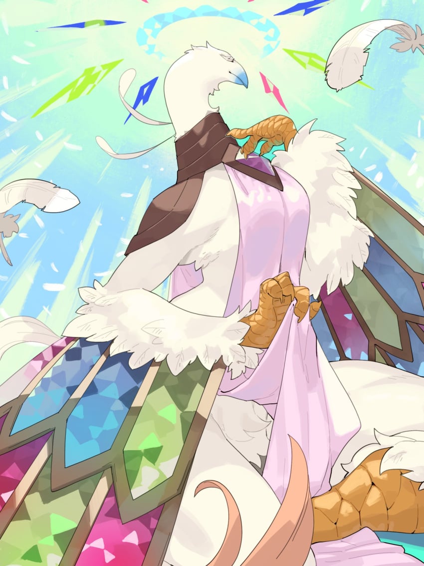 2024 4_fingers anthro avian beak bird closed_eyes clothed clothing clothing_lift cloud crotch_tuft feathers female fingers hi_res holding_clothing holding_object kame_3 scuted_arms scuted_legs scutes sitting sky solo tuft white_body white_feathers