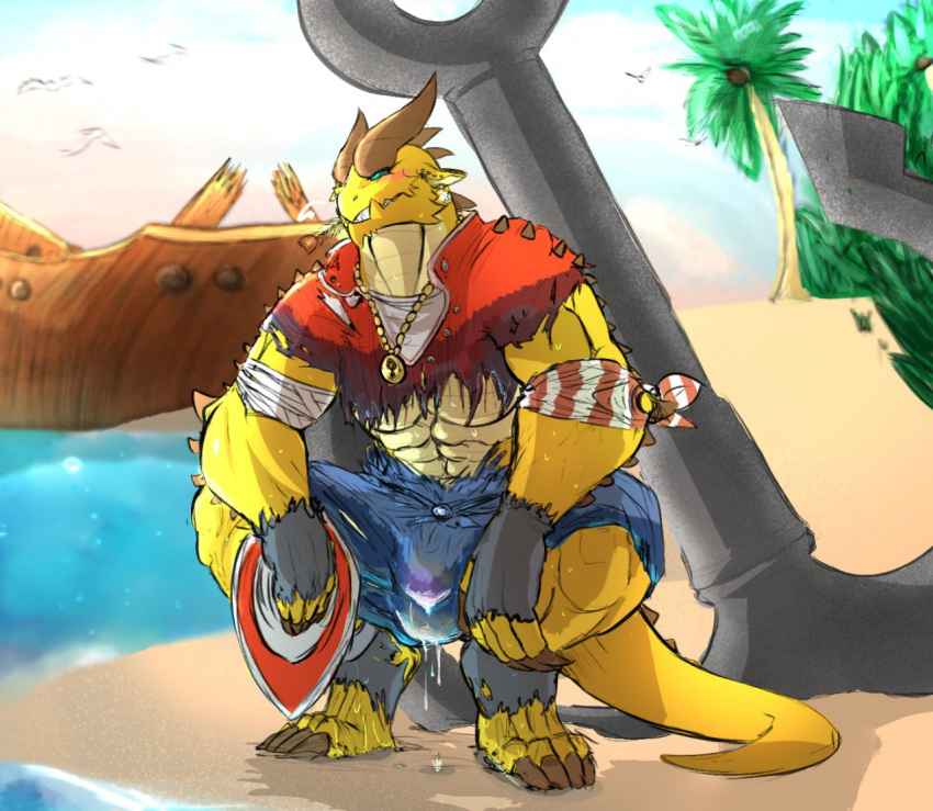 2017 abs anchor anthro balls beach biceps big_bulge big_claws blue_eyes bulge capcom claws clothing crouching cum cum_in_pants dokara dragon ear_piercing gold_scales horn invalid_tag inviting jewelry looking_at_viewer male male_only monster_hunter muscular necklace palm_trees pecs piercing pirate scales scalie seaside shagaru_magala shipwreck smile solo spines torn_clothing video_games