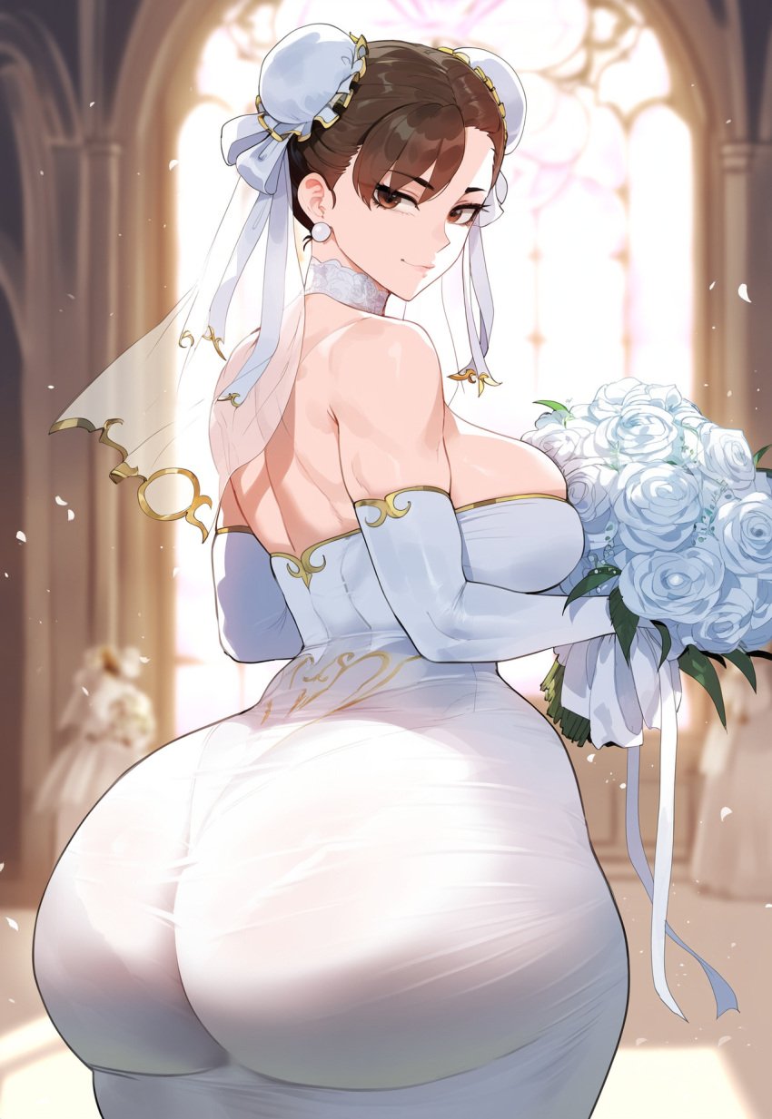 ai_generated ass ass_focus big_ass big_butt bouquet bridal_veil brown_eyes brown_hair bubble_ass bubble_butt chun-li creamy_ai curvy dat_ass double_bun fat_ass from_behind huge_ass large_ass large_breasts narrow_waist street_fighter thick_ass thick_thighs toned wedding_dress wide_hips