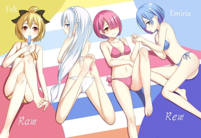 4girls bikini blonde_hair blue_eyes blue_hair emilia_(re:zero) felt_(re:zero) female female_only gold_eyes multiple_girls pink_eyes pink_hair purple_eyes ram_(re:zero) re:zero_kara_hajimeru_isekai_seikatsu rem_(re:zero) silver_hair white_hair