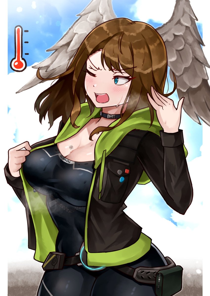 absurdres black_bodysuit black_choker black_jacket blue_eyes blush bodysuit breast_tattoo breasts brown_hair choker cleavage eunie_(xenoblade) female head_wings highres hood hoodie jacket large_breasts leather leather_jacket medium_hair one_eye_closed oniisan02b open_mouth sky solo steam steaming_body sweat sweatdrop tattoo temperature white_wings wings wings_on_head xenoblade_(series) xenoblade_chronicles_3