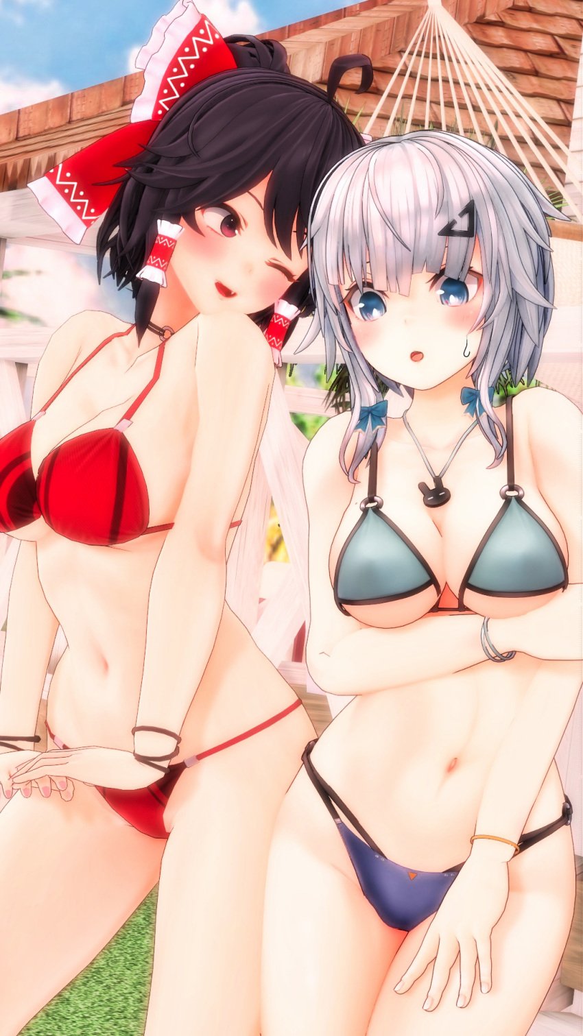 2024 2girls 3d_(artwork) bikini blue_bowtie blue_eyes blush bracelets duo_female embodiment_of_scarlet_devil frills hairpin hips human light-skinned_female mmd necklace neckwear outdoors red_bikini red_bow red_eyes red_ribbon reimu_hakurei sakuya_izayoi sweatdrop swimsuit touhou white_hair yabuinu_mmder