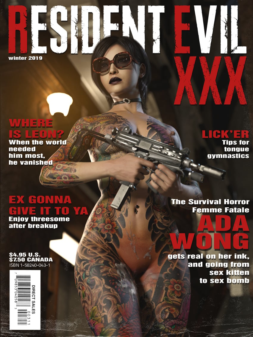 3d ada_wong ada_wong_(adriana) cum_on_pussy full_body_tattoo magazine magazine_cover resident_evil resident_evil_2 resident_evil_2_remake resident_evil_xxx word2