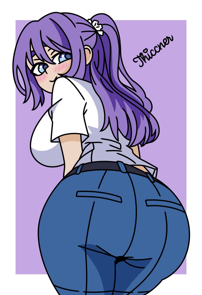 1girls ass big_ass big_breasts big_butt blue_eyes breasts commission commission_art commissions_open denim female from_behind highres hips jeans large_breasts looking_at_viewer looking_back mankitsu_happening pants purple_hair rei_suzukawa self_upload solo thiccner