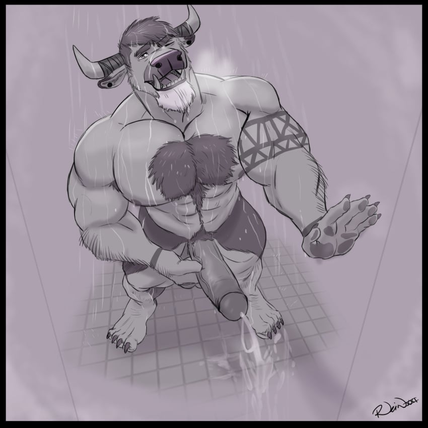 2021 abs accessory anthro arm_hair arm_tattoo armpit_hair barazoku beastdaddie biceps bodily_fluids body_hair bovid bovine cattle chest_hair deltoids ear_piercing facial_hair fangs feet floor forearm_hair forearms furgonomics genital_fluids goatee greyscale hairy hi_res high-angle_view horn horn_accessory horn_wraps male mammal manly monochrome muscular_legs navel nipples nude one_eye_closed open_mouth pecs peeing peeing_in_shower peeing_on_ground piercing pubes raised_head relieved shower solo tattoo teeth tile tile_floor triceps urine urine_on_ground urine_stream wraps